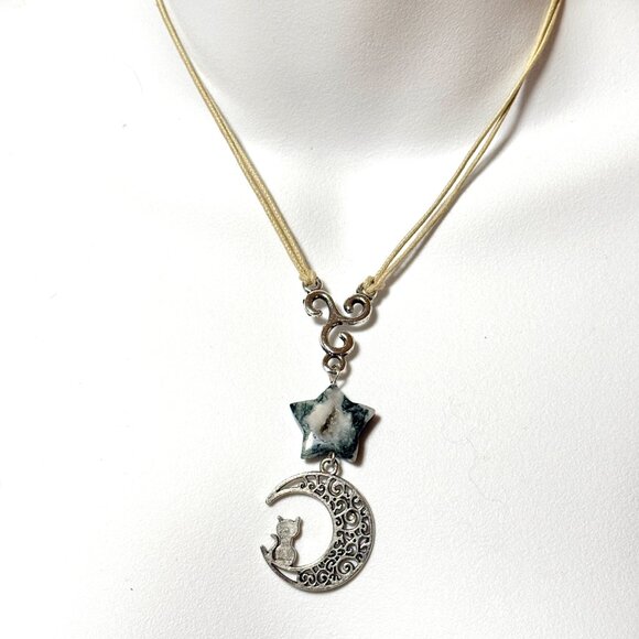 2/$20, Tree Agate Star & Cat on the Moon Necklace, Genuine Gemstone Lariat - Picture 2 of 12